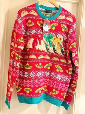 Blizzard Bay Women's Red Taco Holiday Crewneck Sweater with Teal Trim